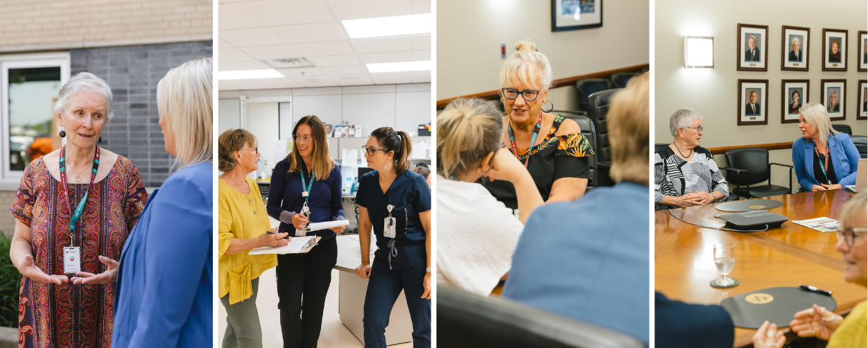 This is a picture of the Patient and Family Advisors in action at Woodstock Hospital. It shows them at meetings and talking to different staff.